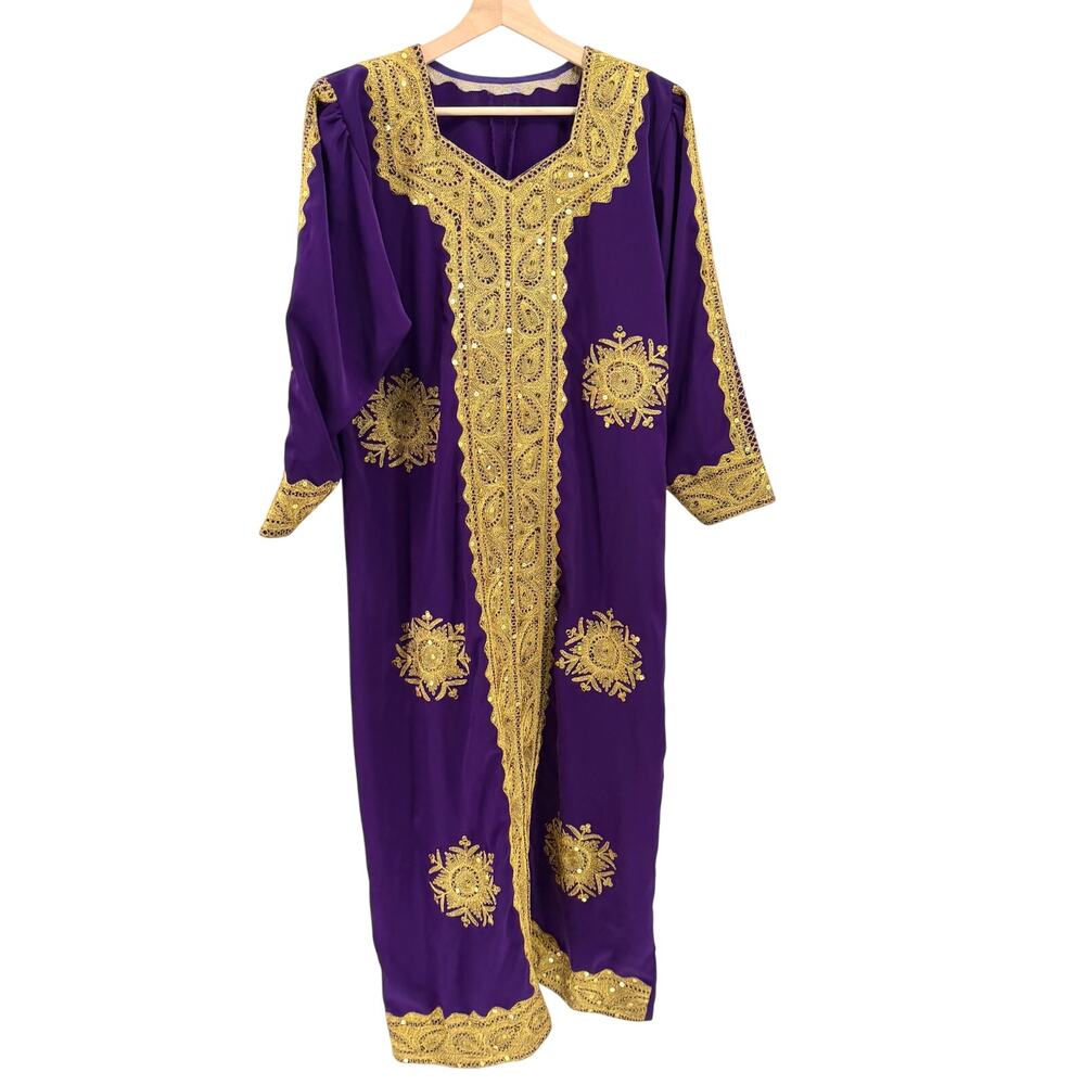 Vintage 90s Purple Gold Embroidered Sequin African Kaftan Maxi Dress